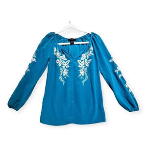 Karen Kane Womens Teal‎ Blue 100% Silk Embroidered Blouse Top Sz S Bohemian